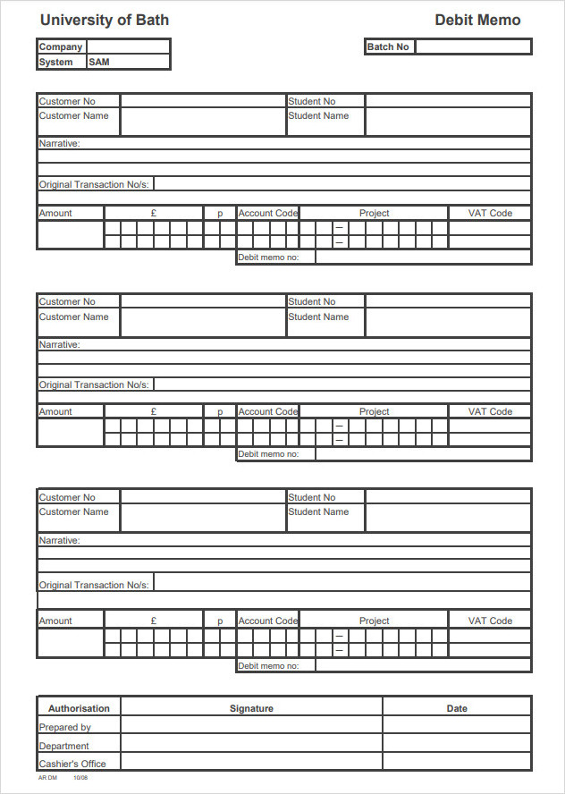 University Debit Memo Template