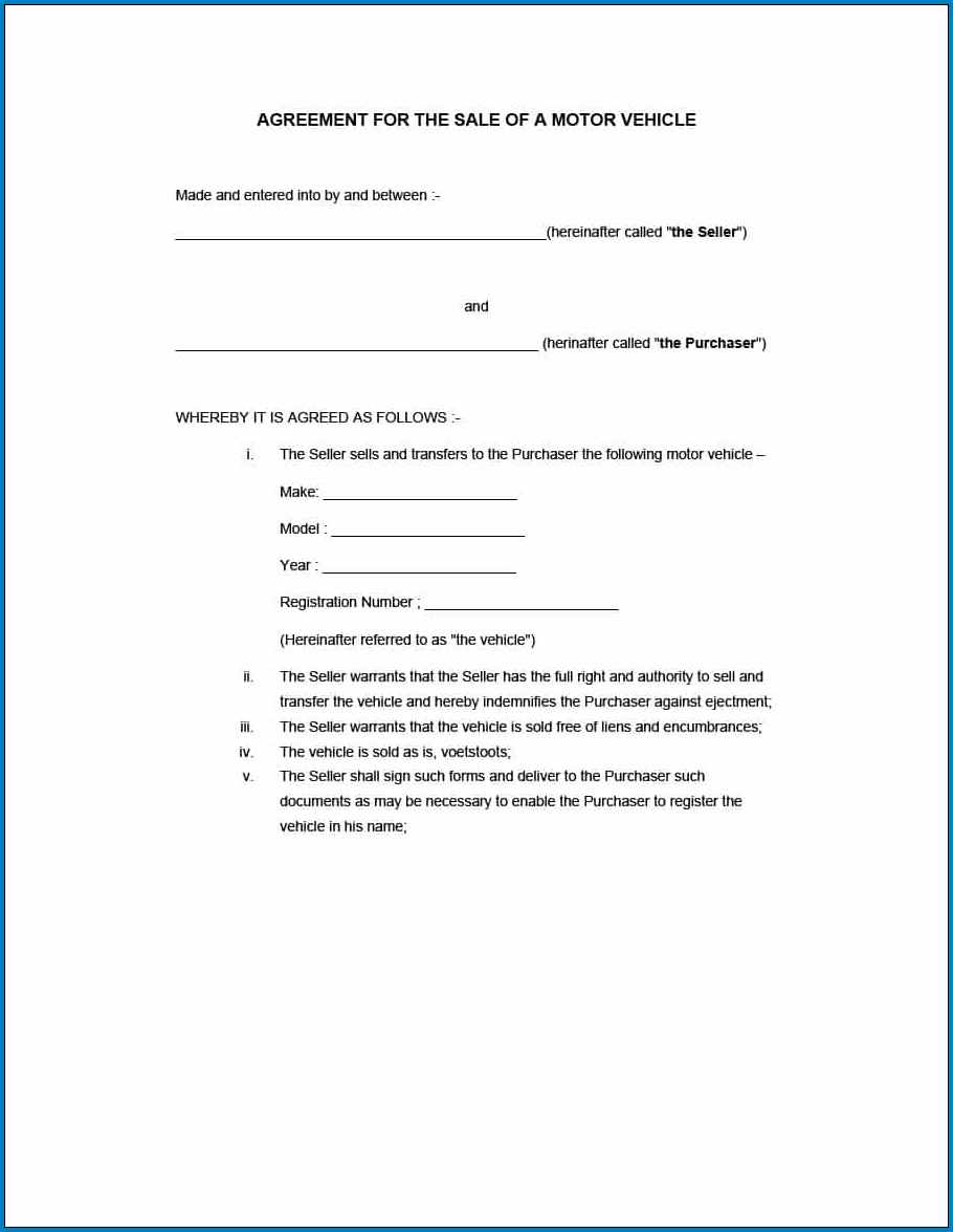 Used Car Sales Agreement Template Sample