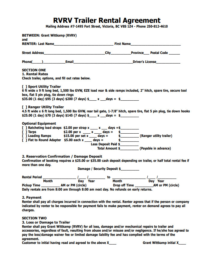 Utility Trailer Rental Agreement Template