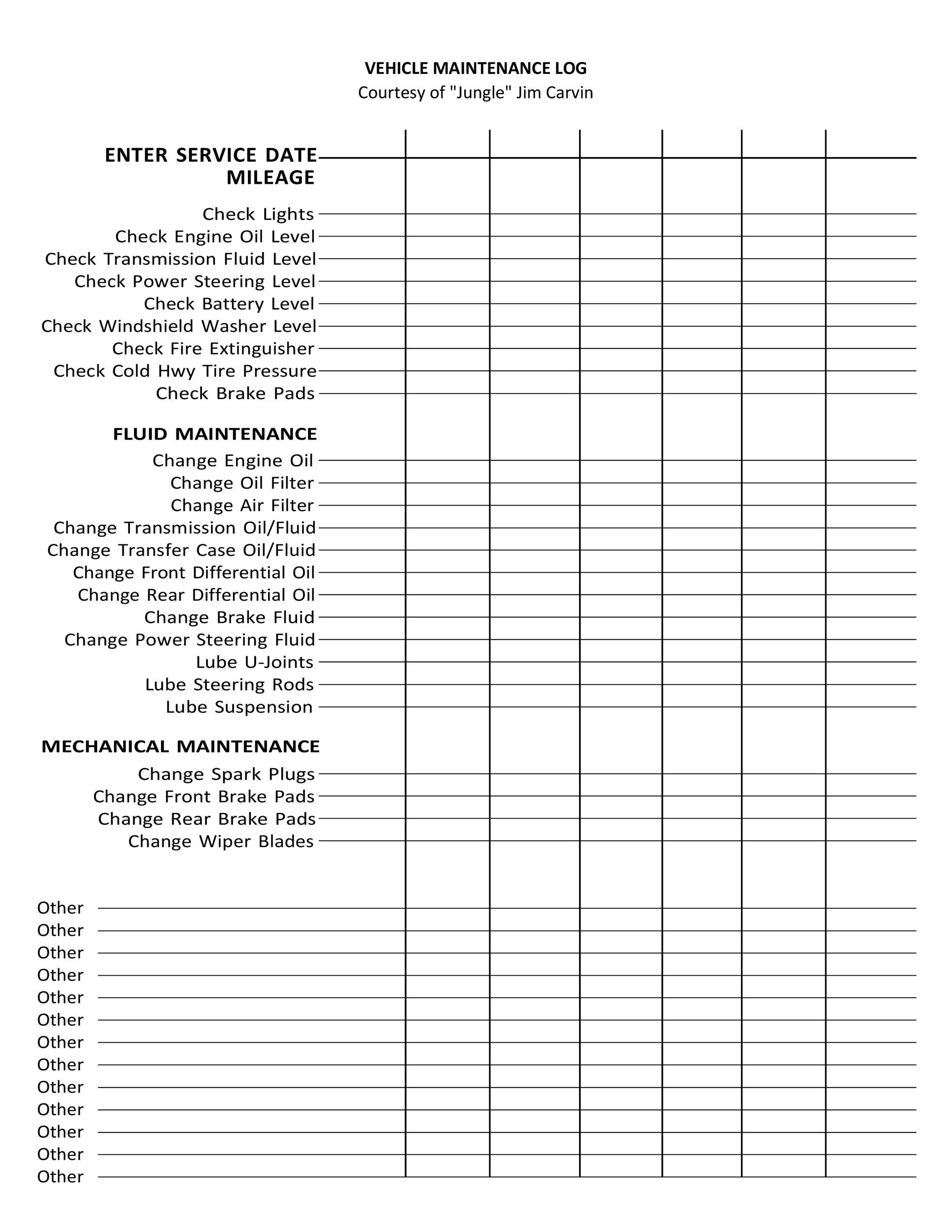 Vehicle Repair Record Worksheet Template Example