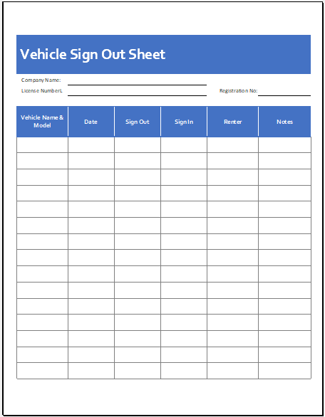 Vehicle Sign out Sheet TemplateSample of Vehicle Sign out Sheet Template