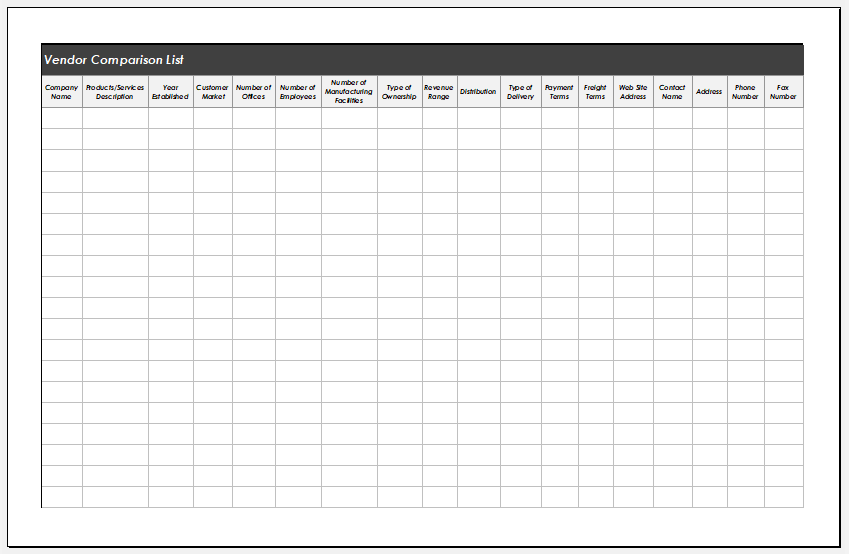 Vendor Comparison List Template Sample