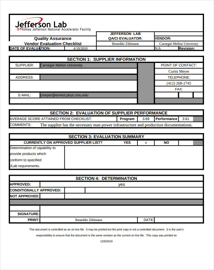 Vendor Evaluation Audit Checklist Template