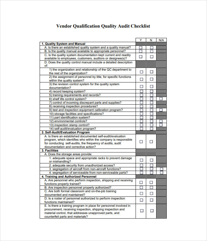 Vendor Qualification Quality Audit Checklist Template