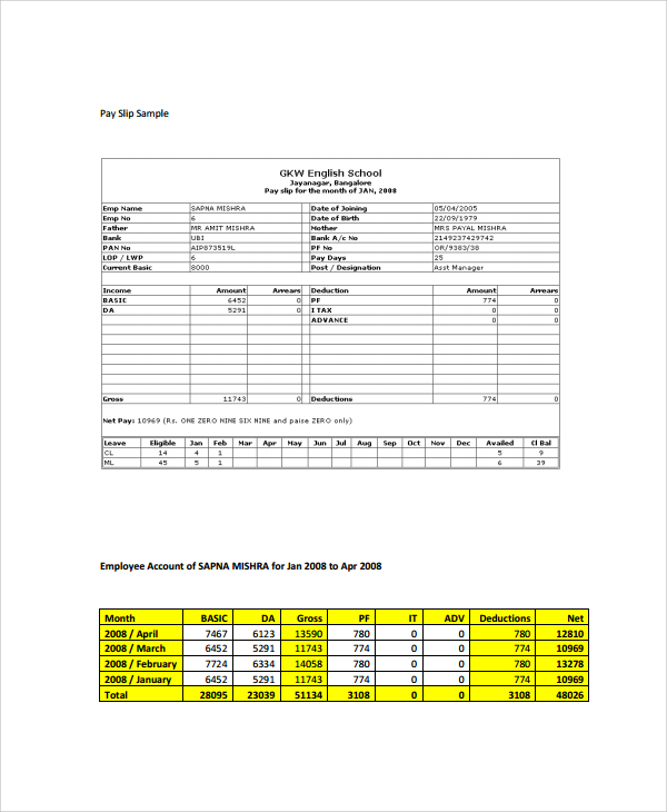 Visiting Employee Payslip Template Example