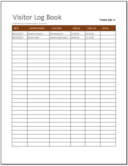 Visitor Registry Book Template Example