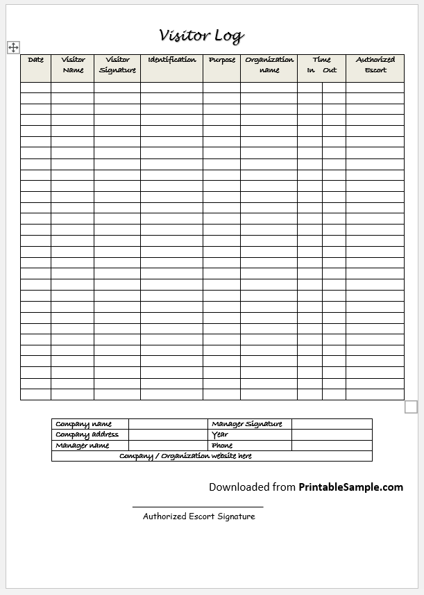 Visitor Registry Book Template Sample