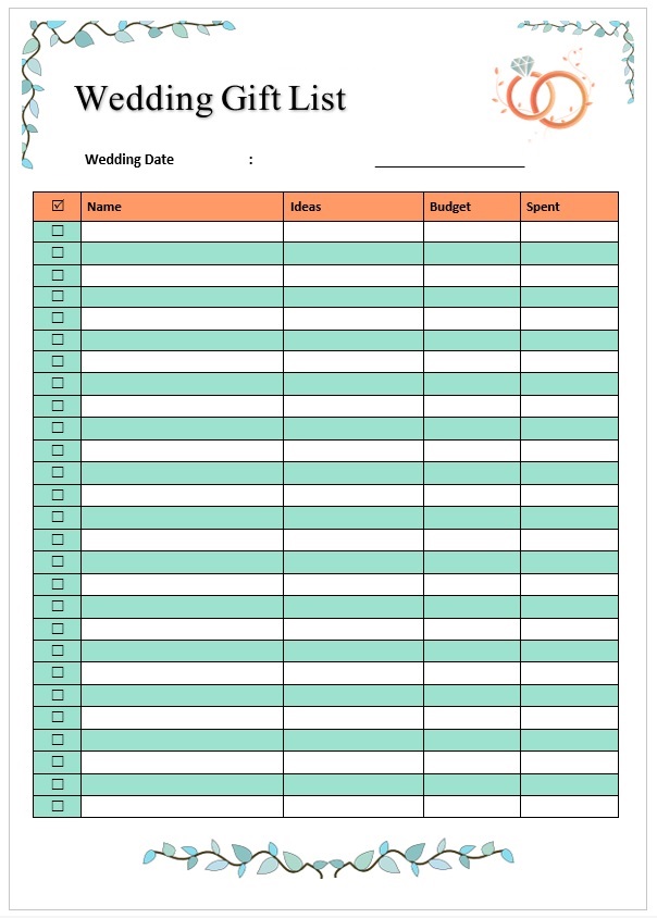 Wedding Gift List Template Sample