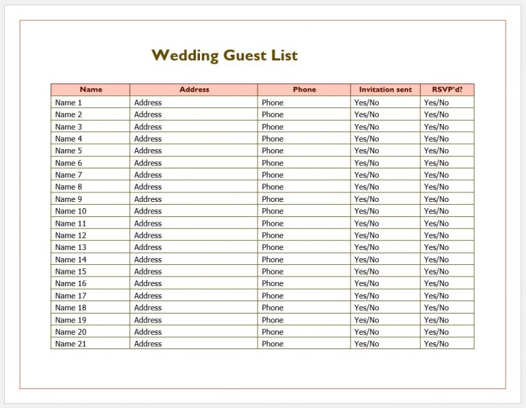 √ Free Printable Wedding Guest List Template