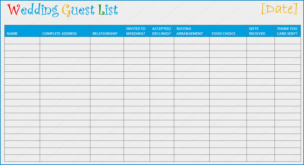 Wedding Guest List Template Sample