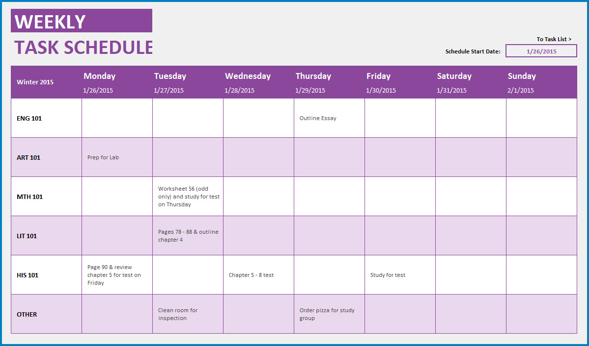 Weekly Task List Template Excel Sample