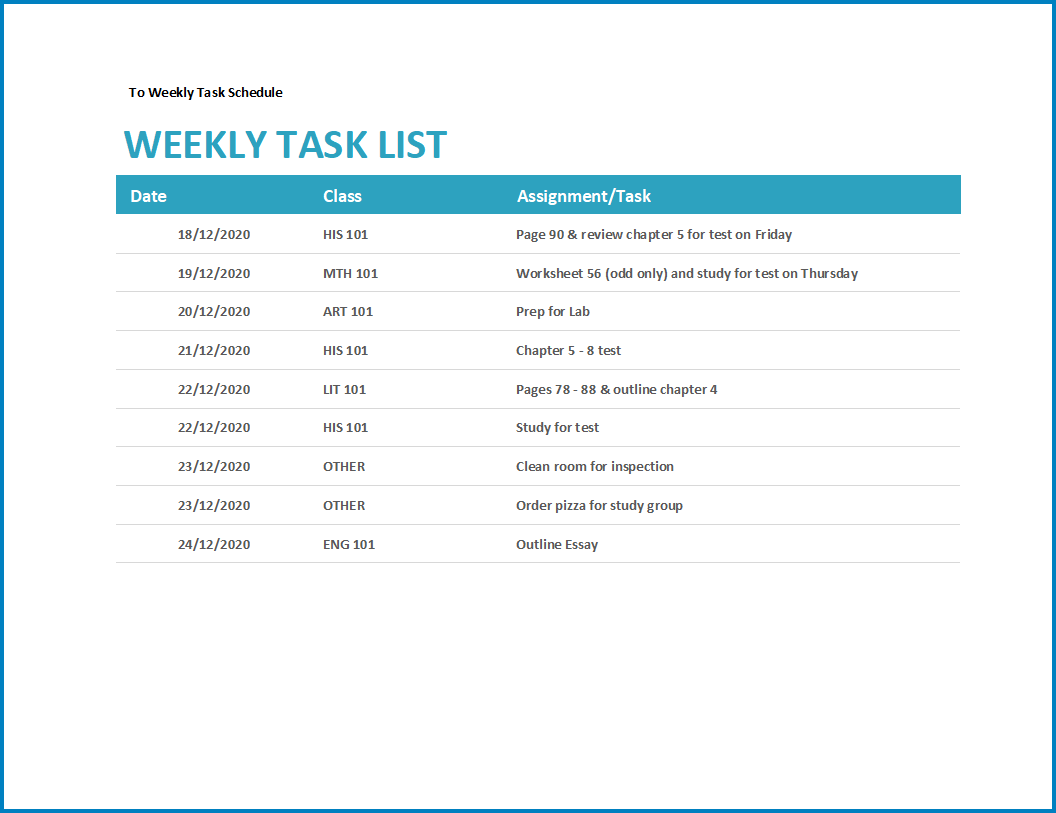 Free Printable Weekly Task List Template Excel