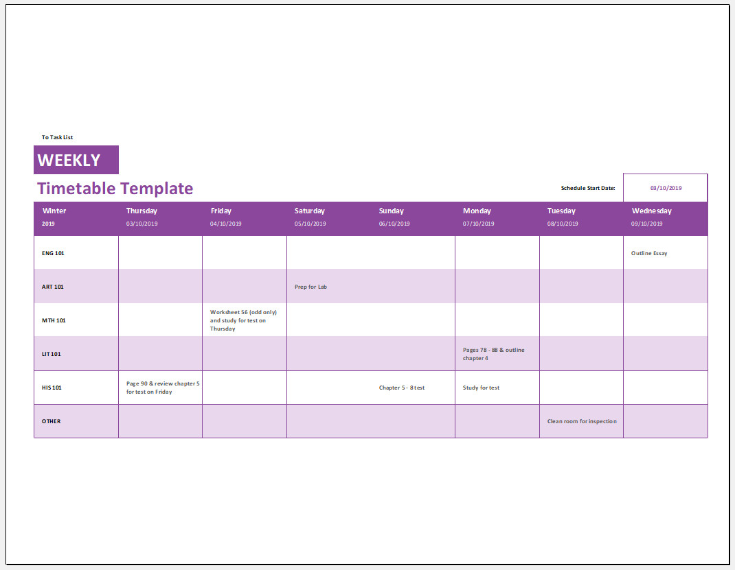 Free Printable Weekly Timetable Template