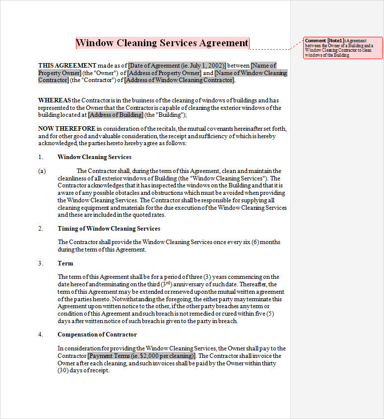 Window Cleaning Services Agreement Template Word