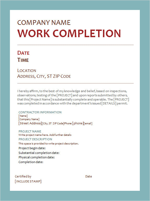 Work Completion Template