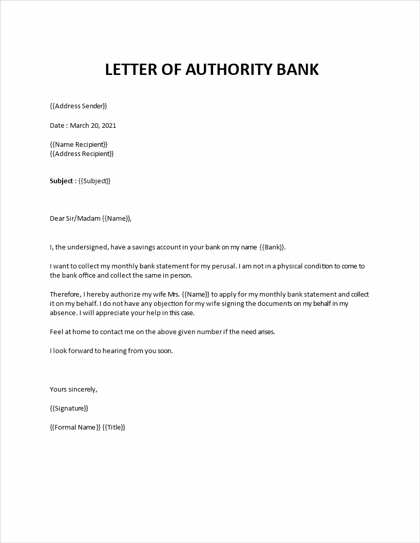 bank letter of authorization template