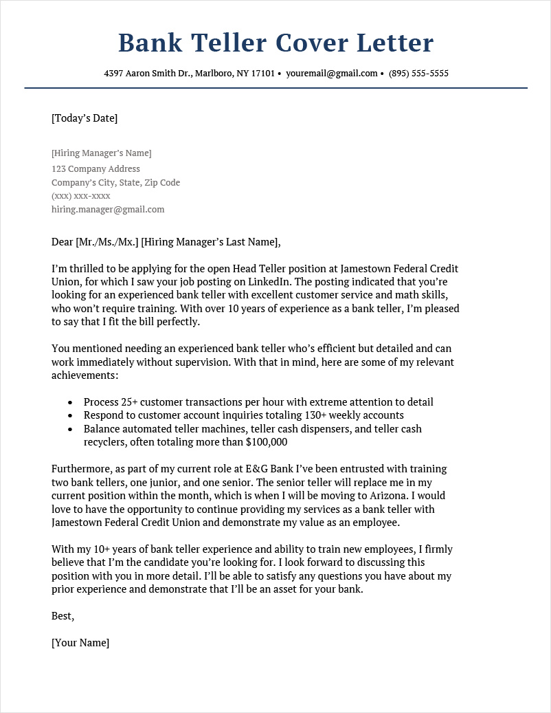 bank teller job cover letter template example