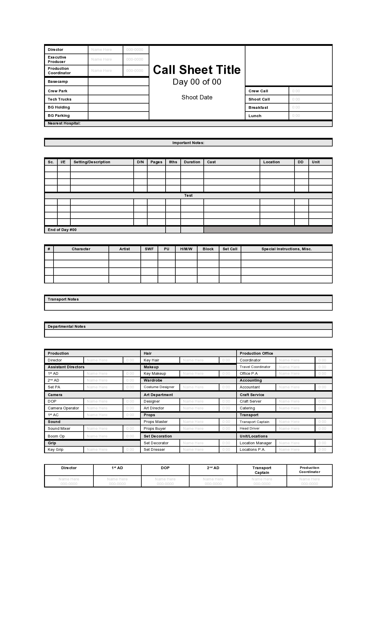 call sheet template