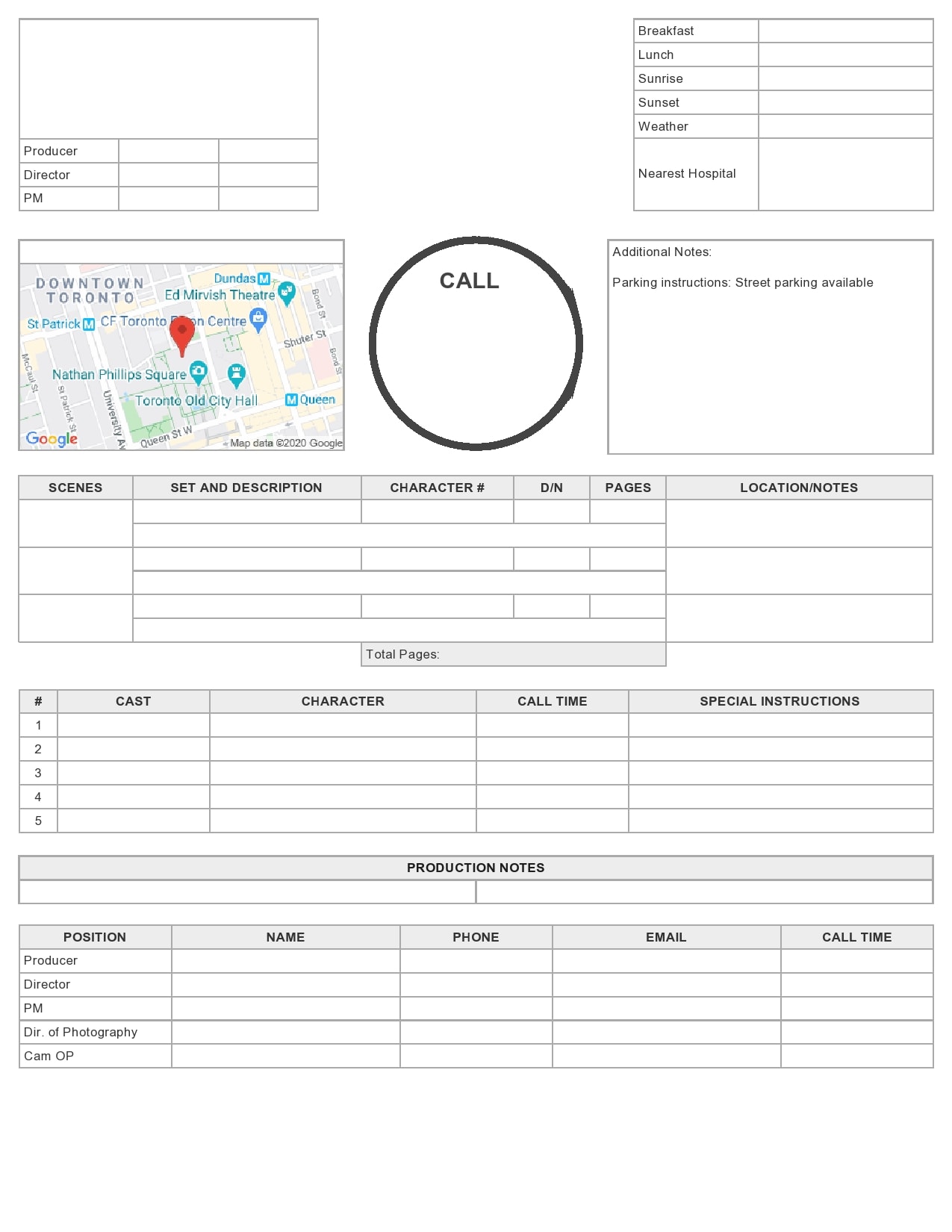 call sheet template