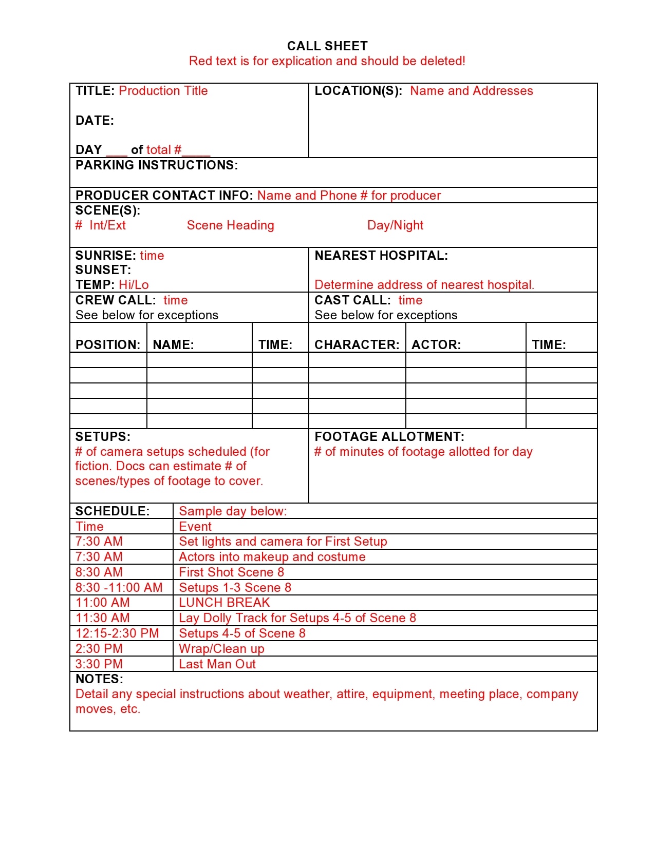 call sheet template