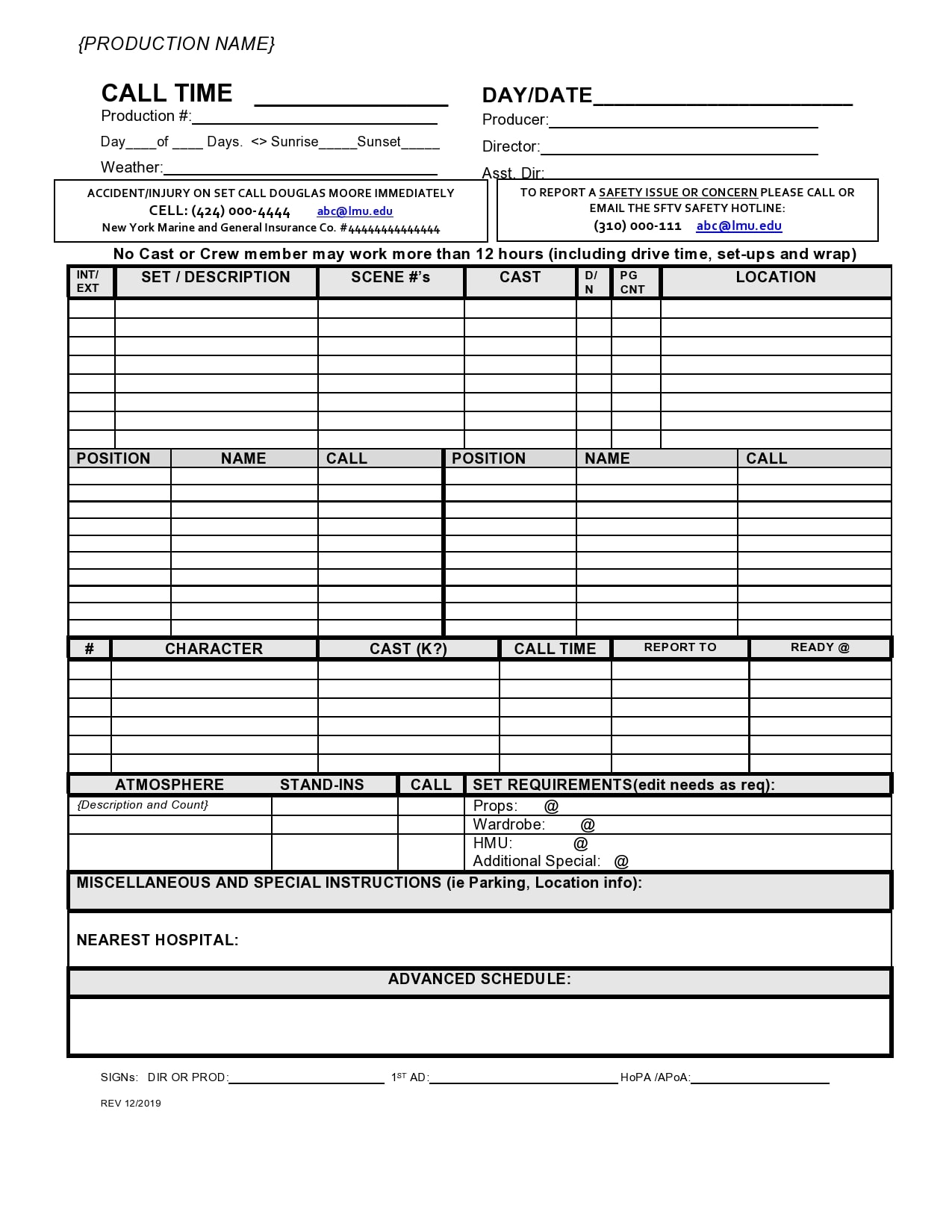 call sheet template