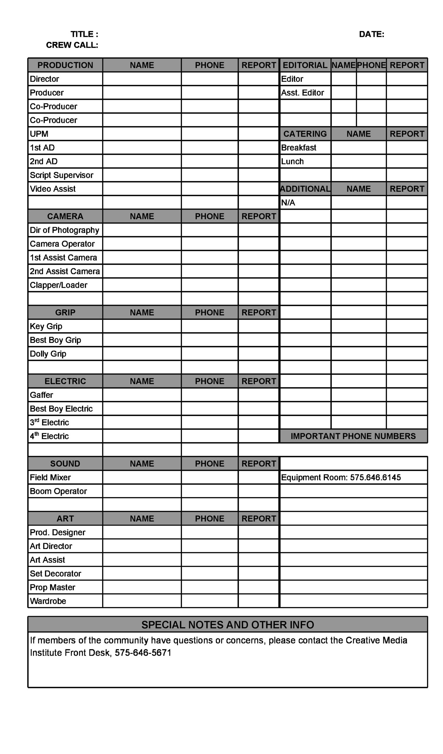 call sheet template