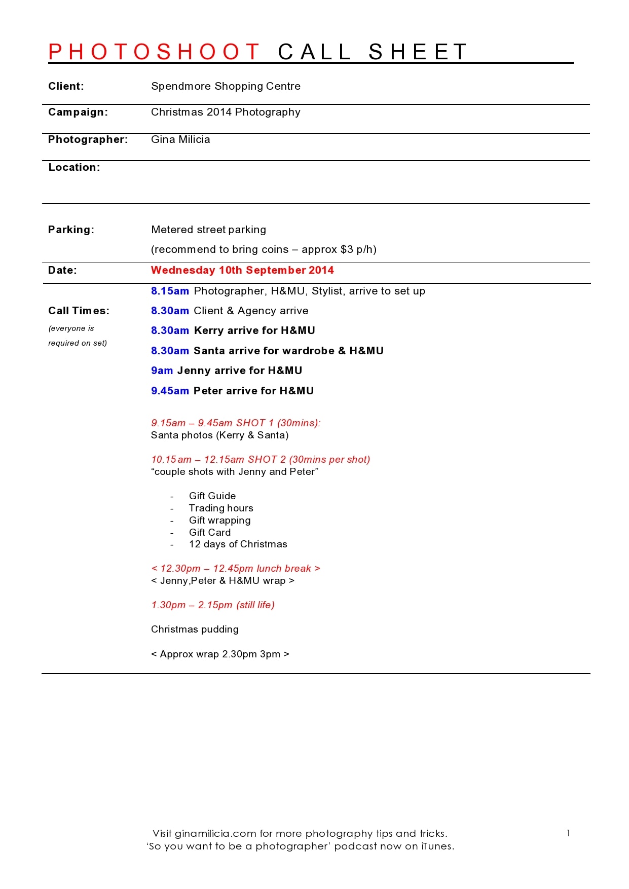 call sheet template