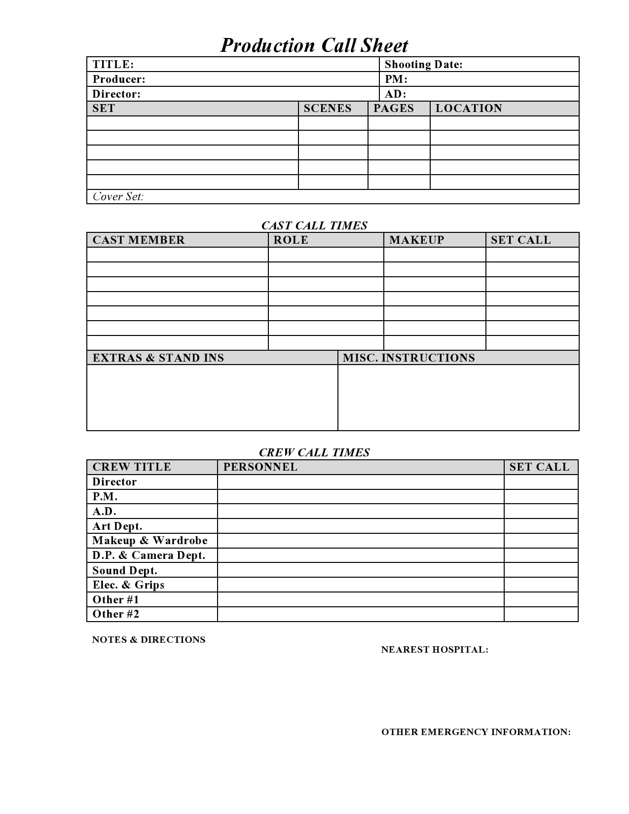 call sheet template