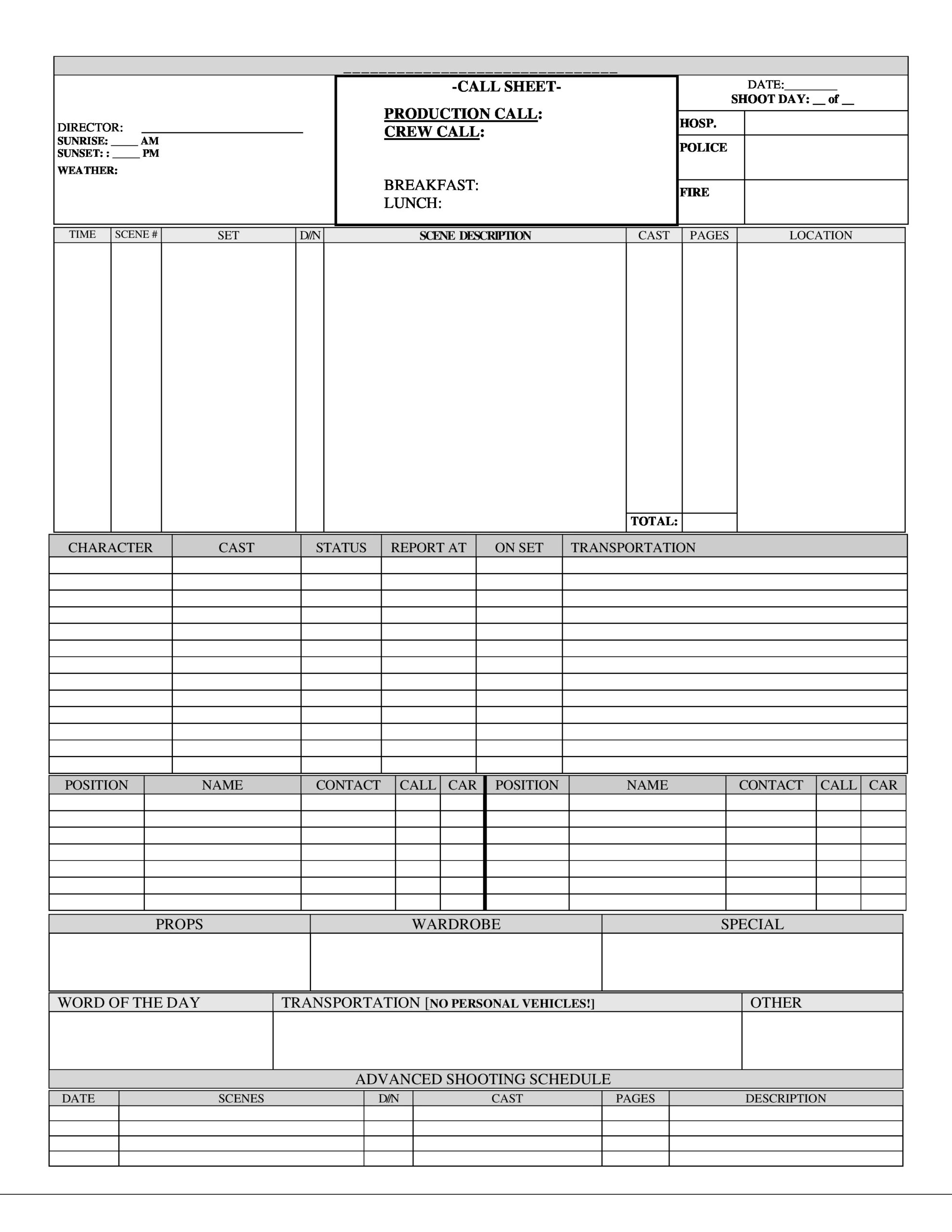 call sheet template