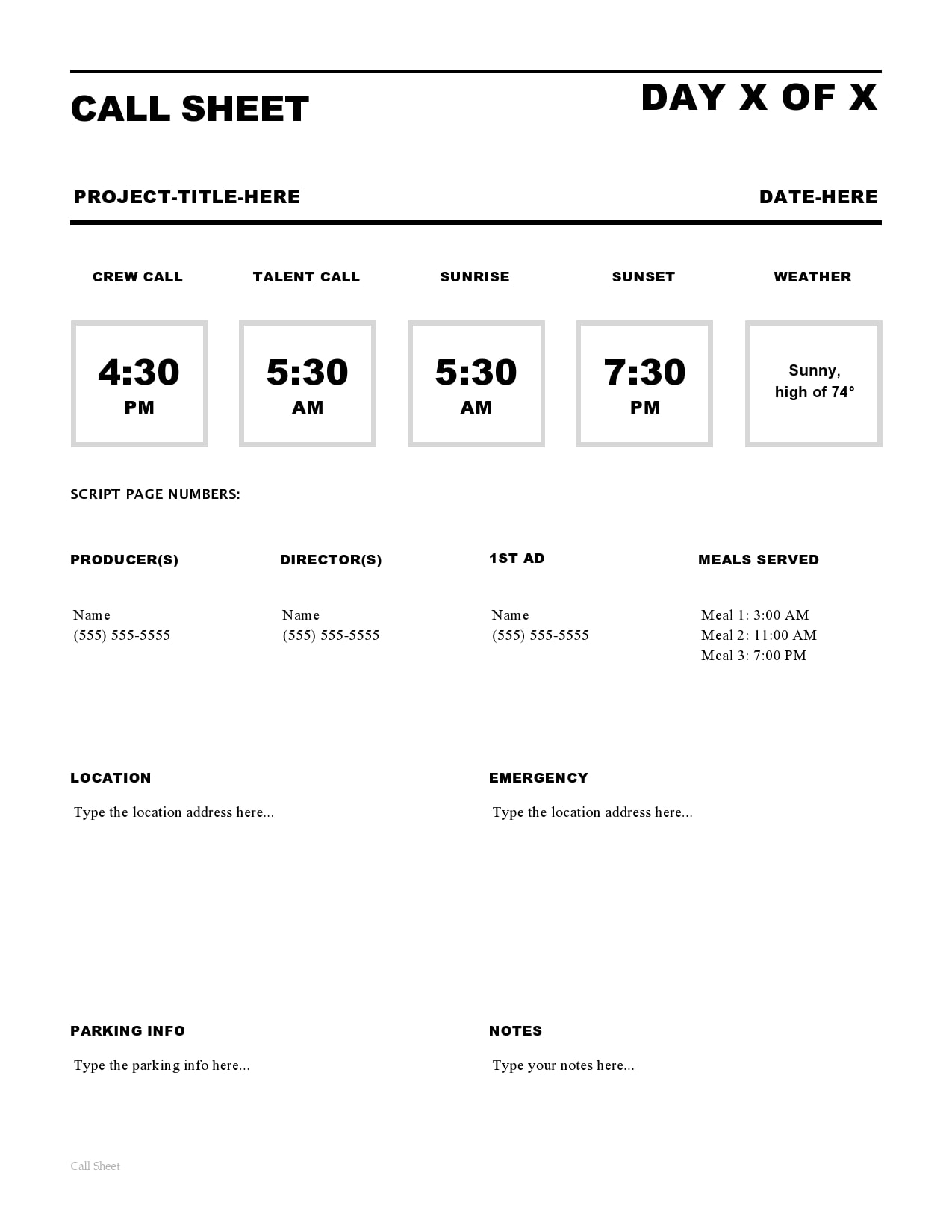 call sheet template | Templateral