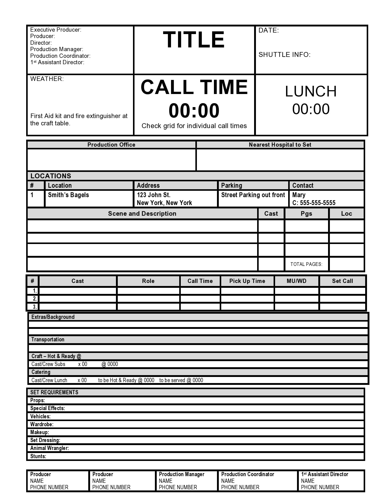 call sheet template