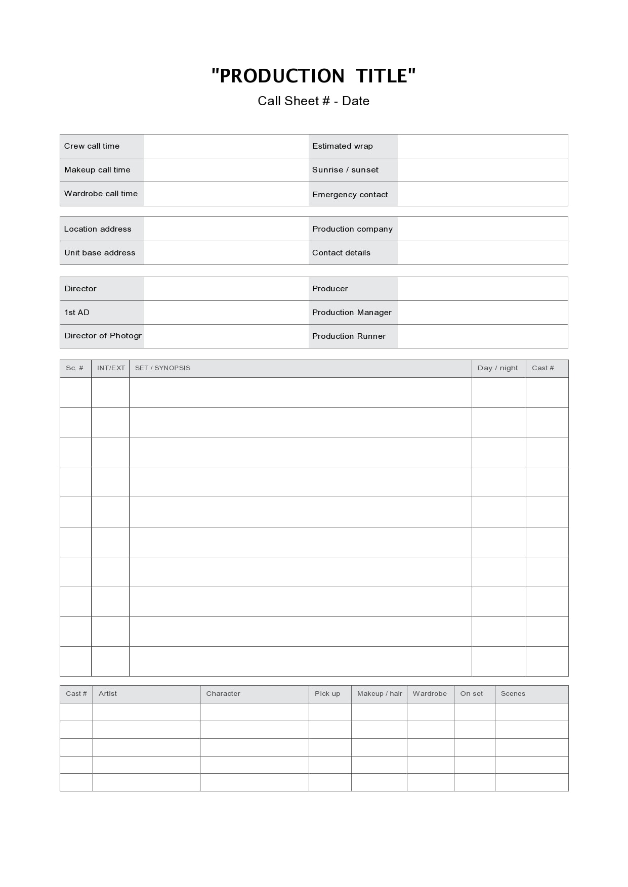 call sheet template