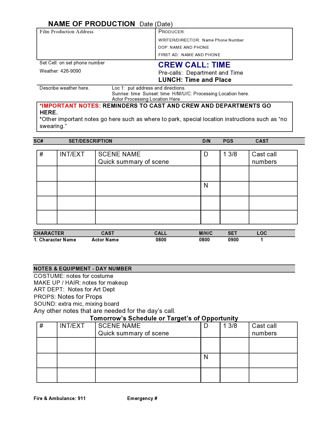 call sheet template