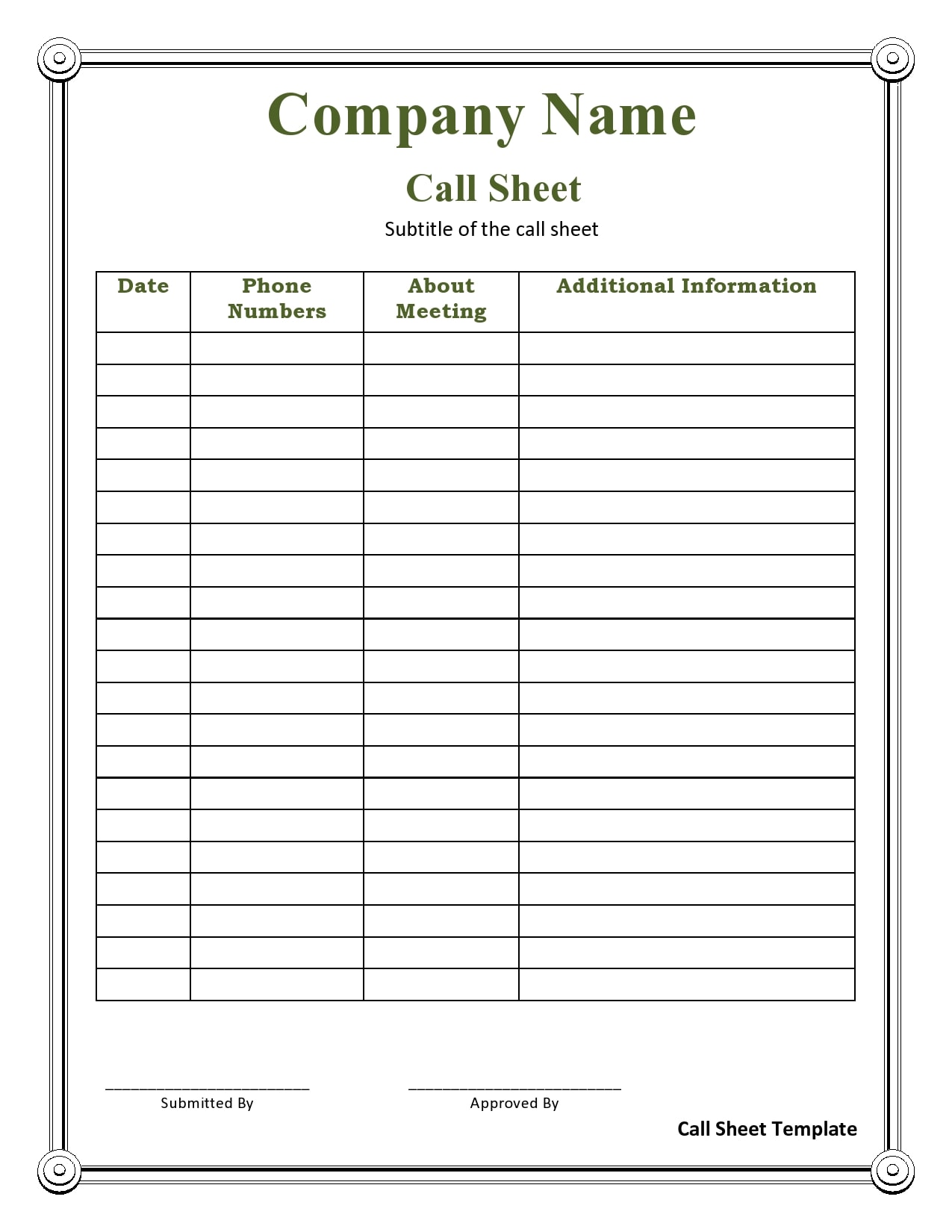 call sheet template