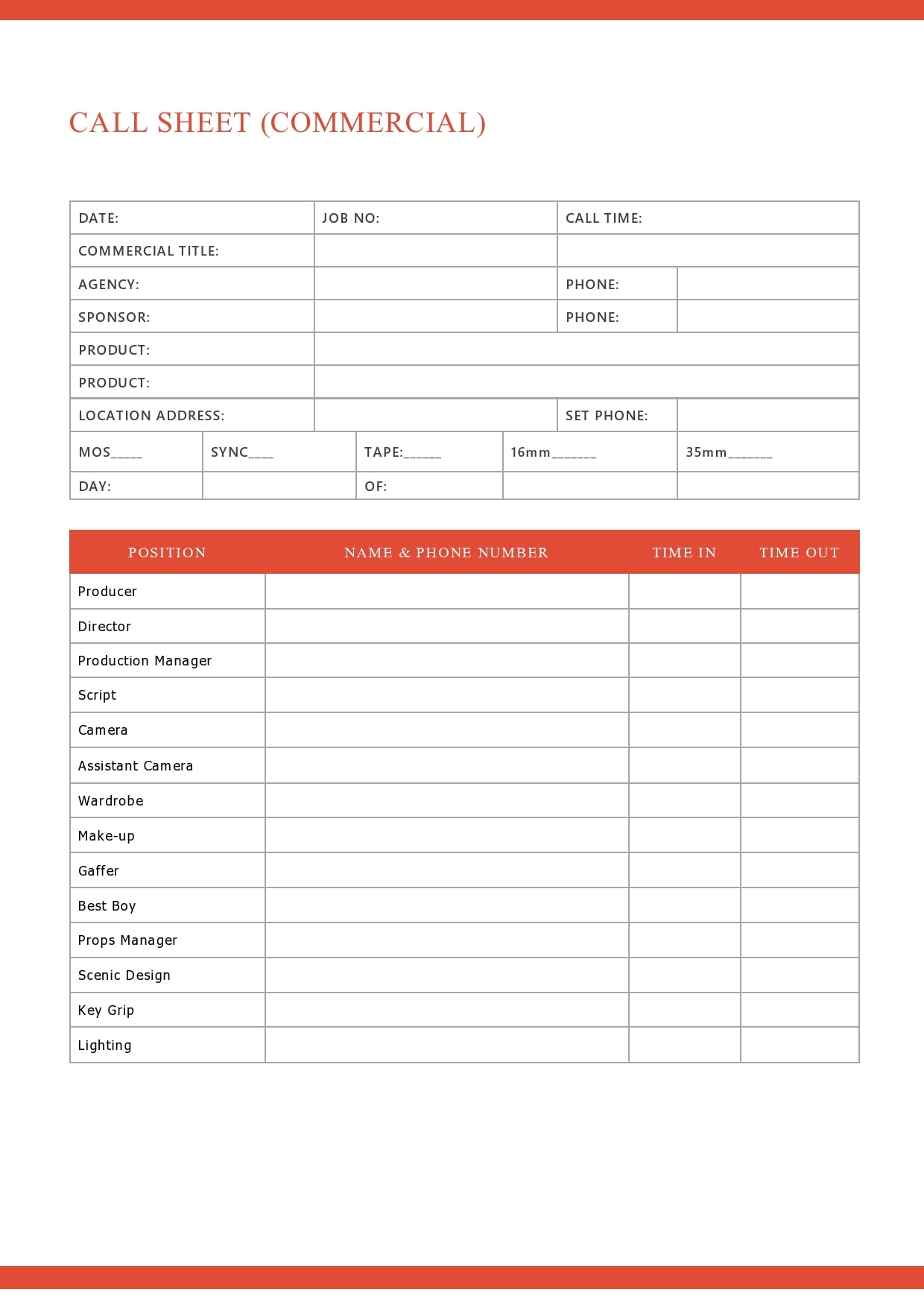 call sheet template