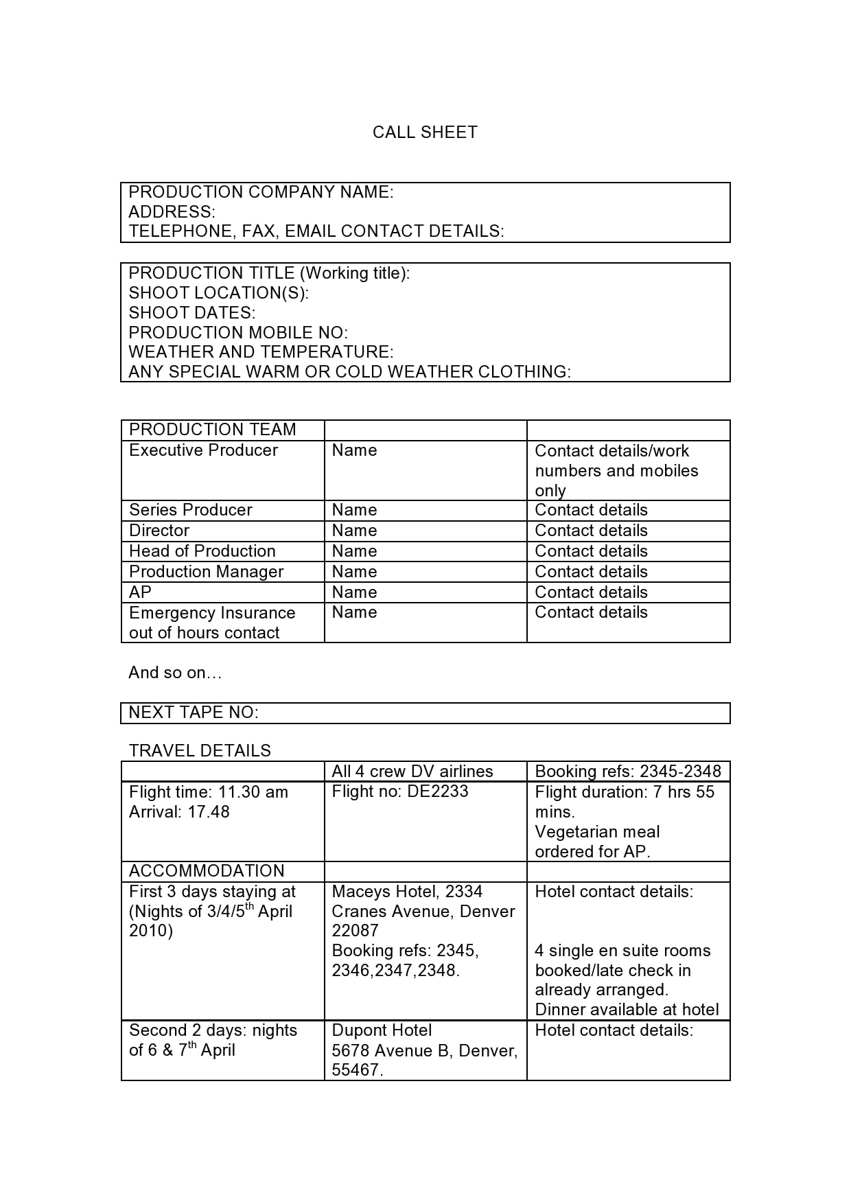 call sheet template