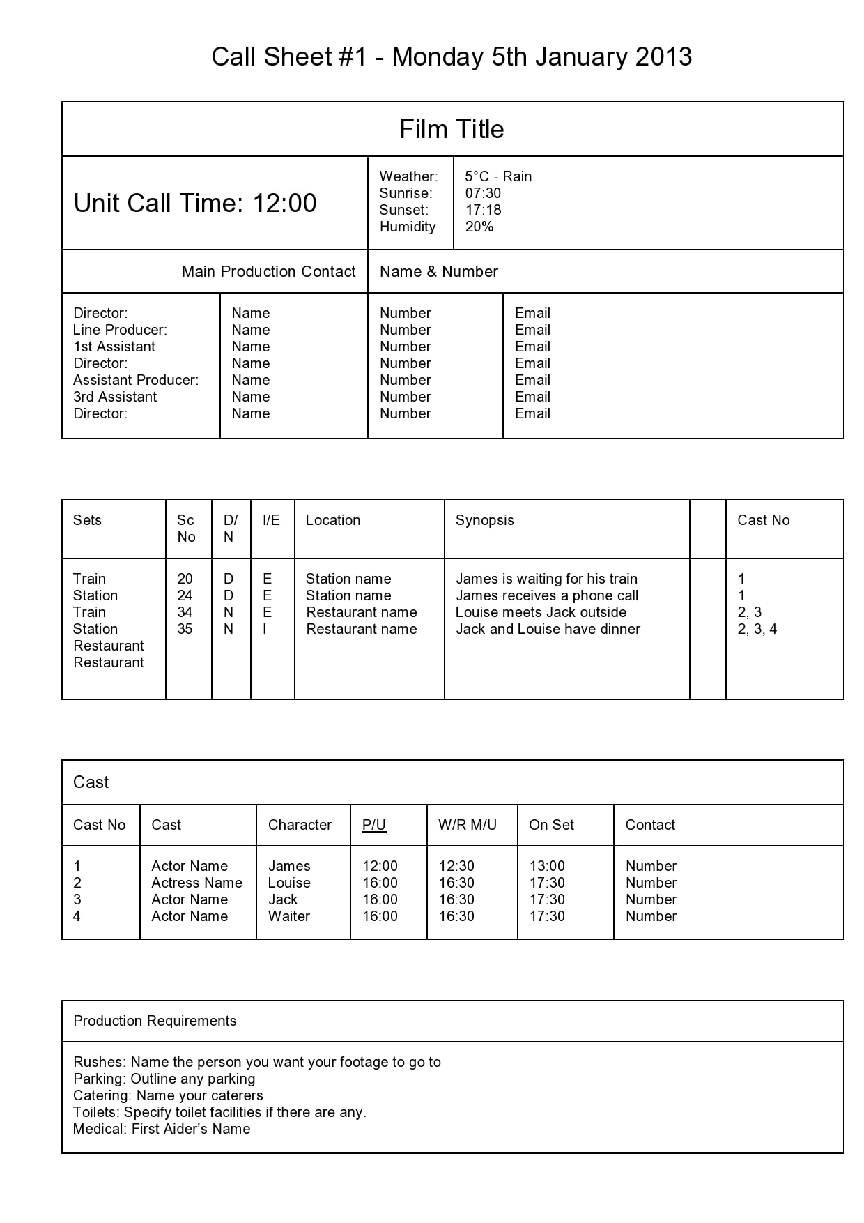 call sheet template