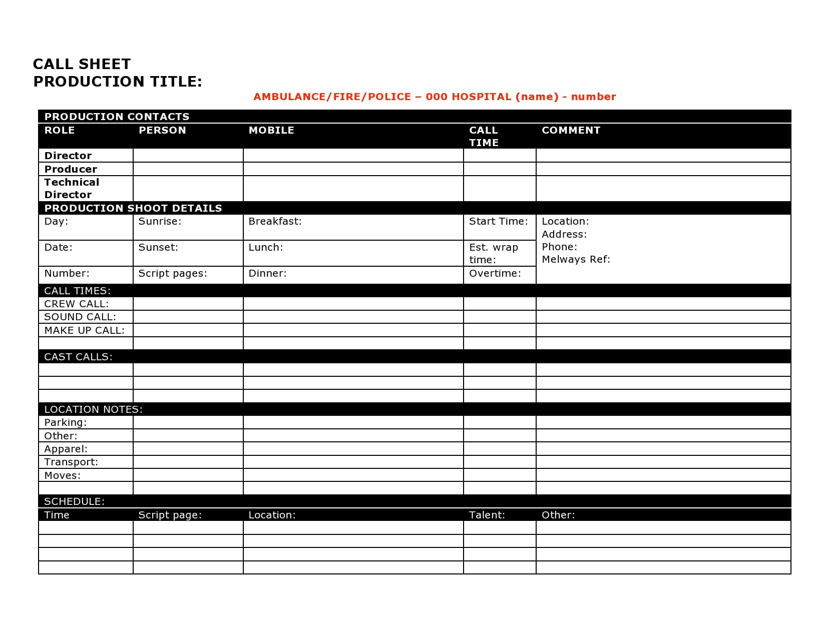 call sheet template