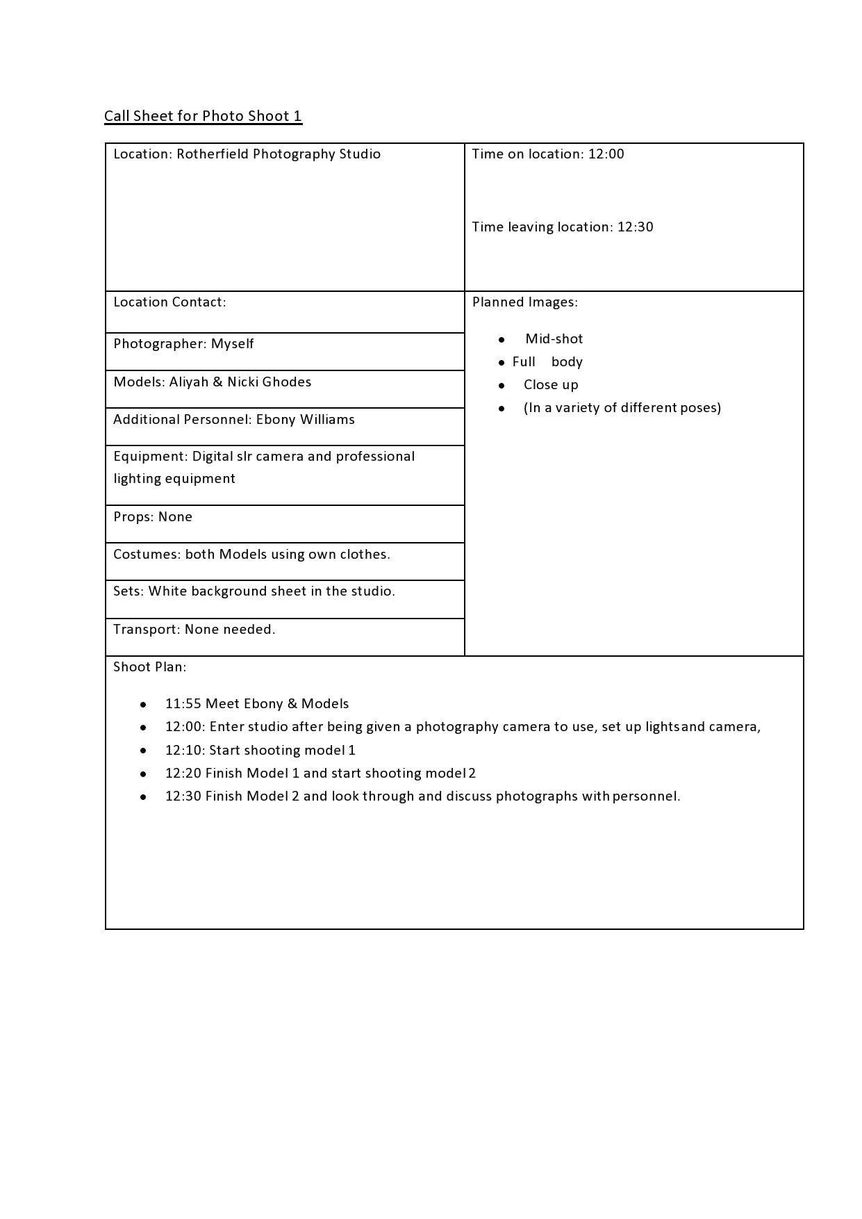 call sheet template