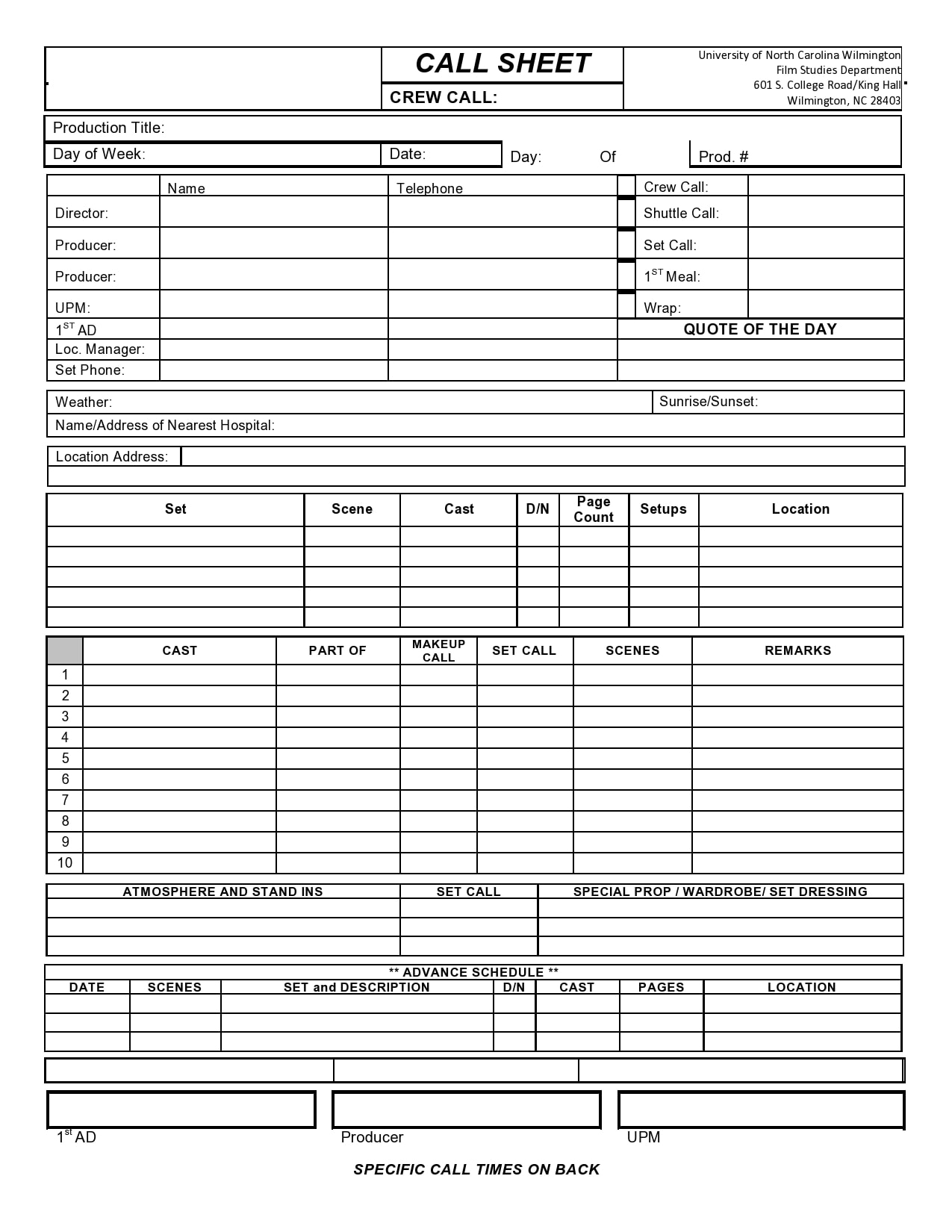 call sheet template