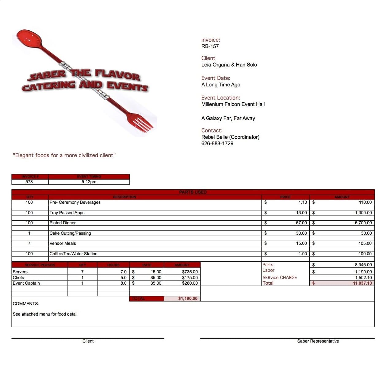 catering service invoice template example