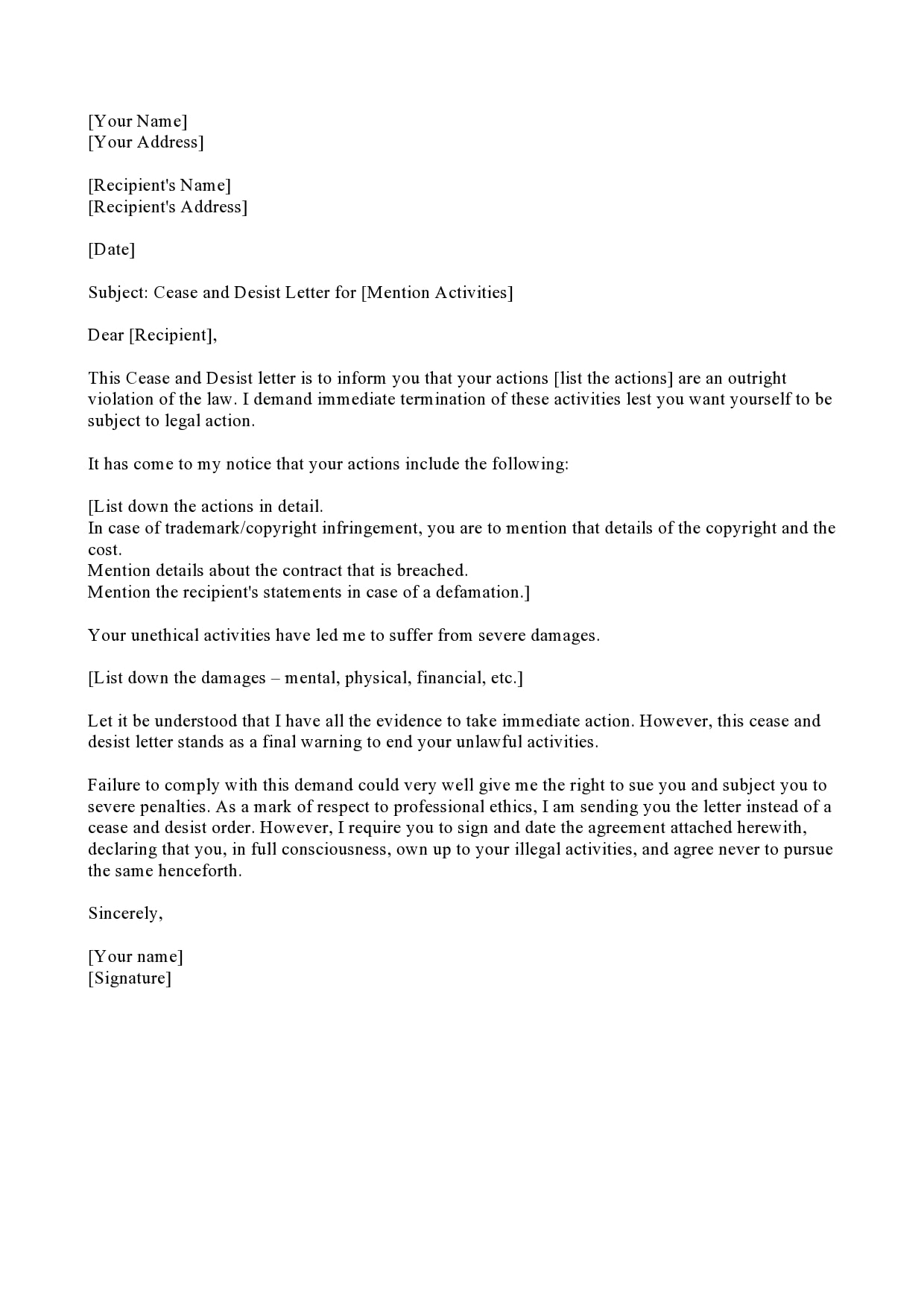 cease and desist letter template