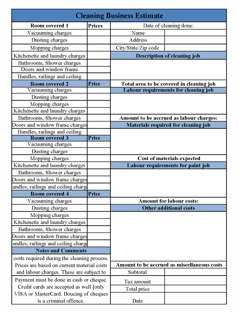 cleaning estimate template sample