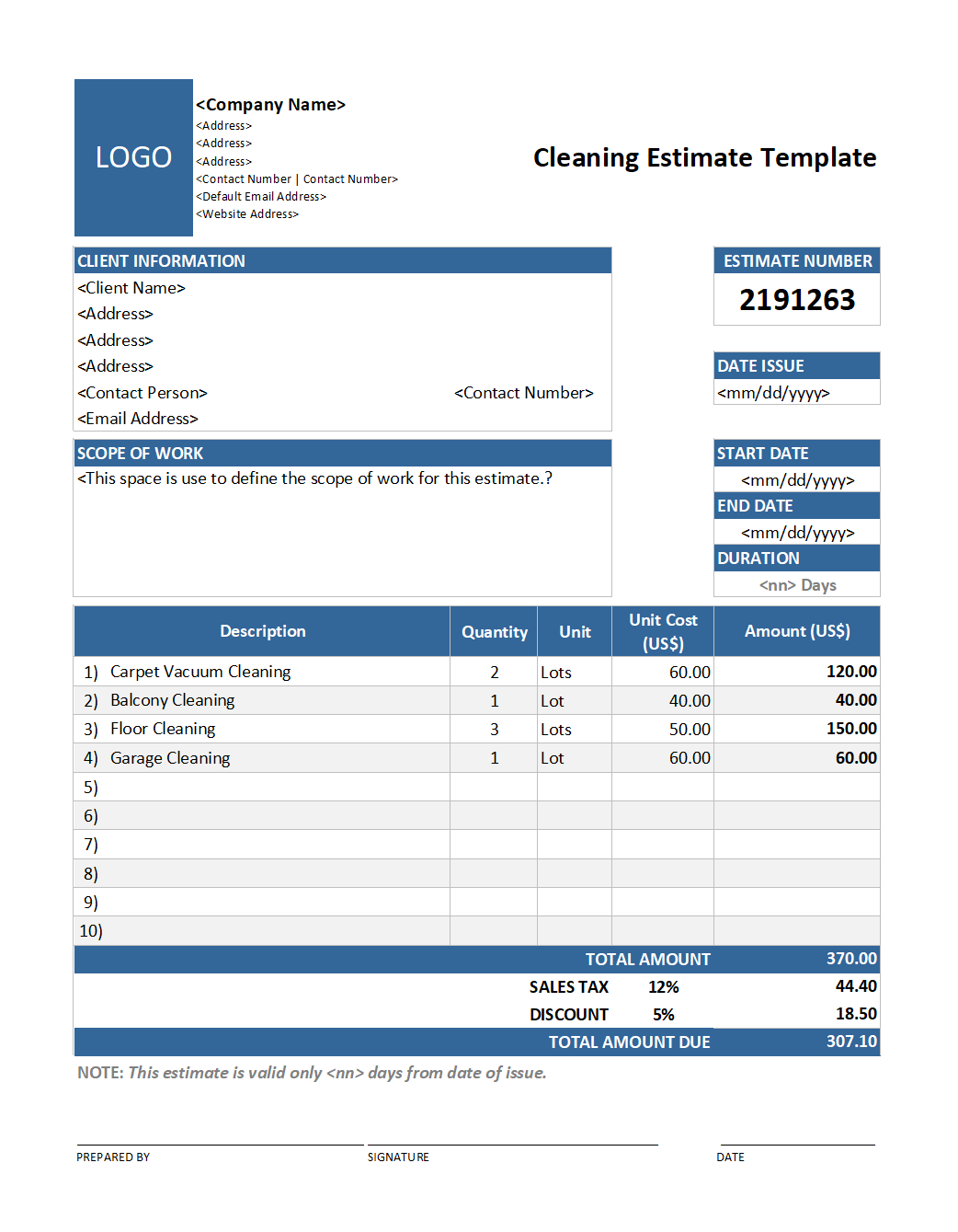 cleaning estimate template