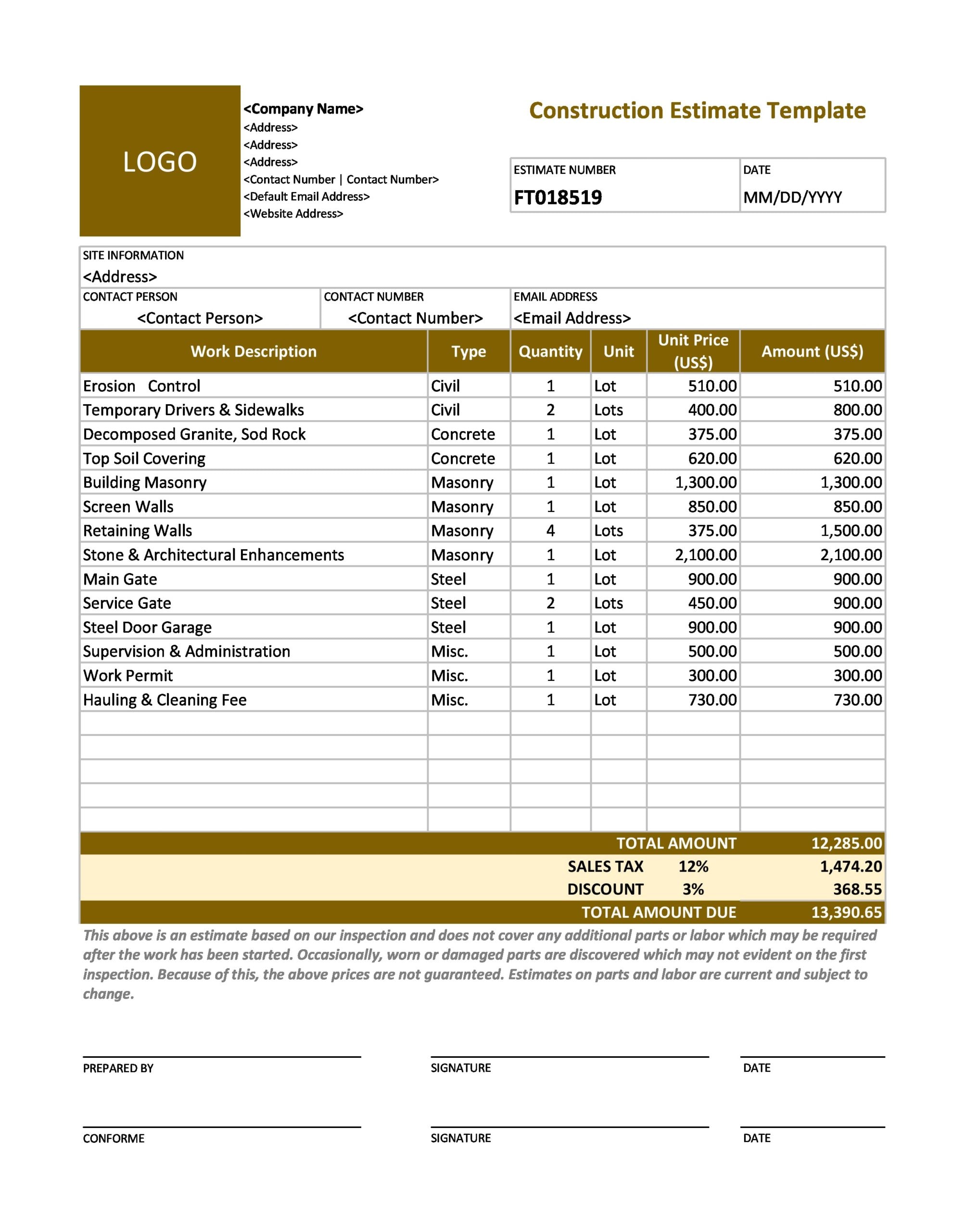 concrete estimate template example