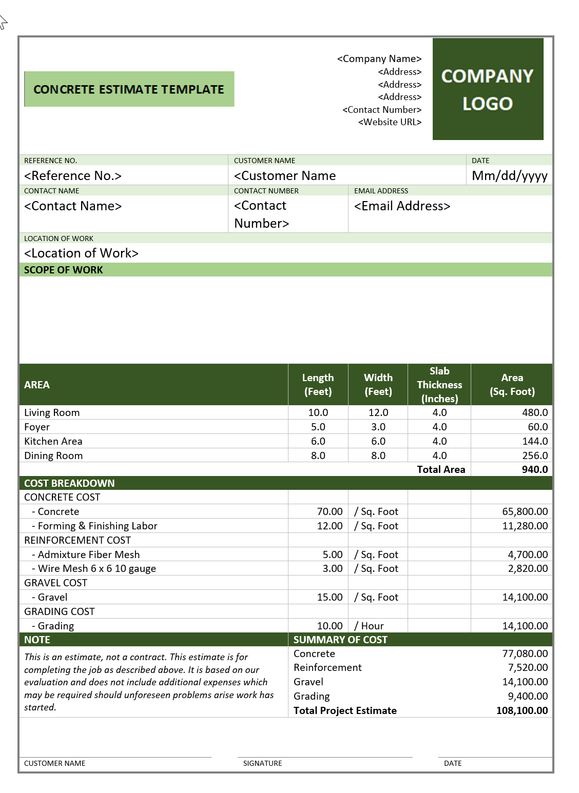 concrete estimate template