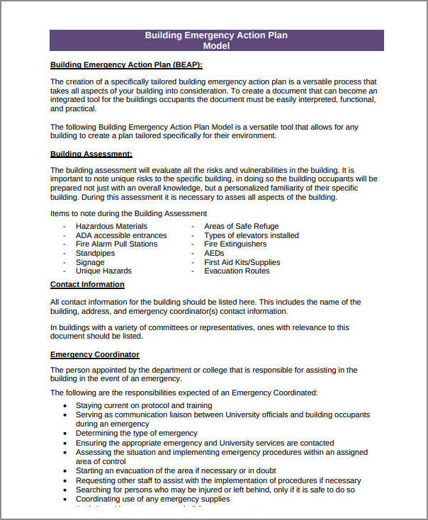 construction emergency action plan template sample