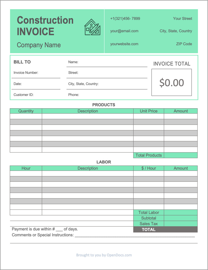 construction invoice template example