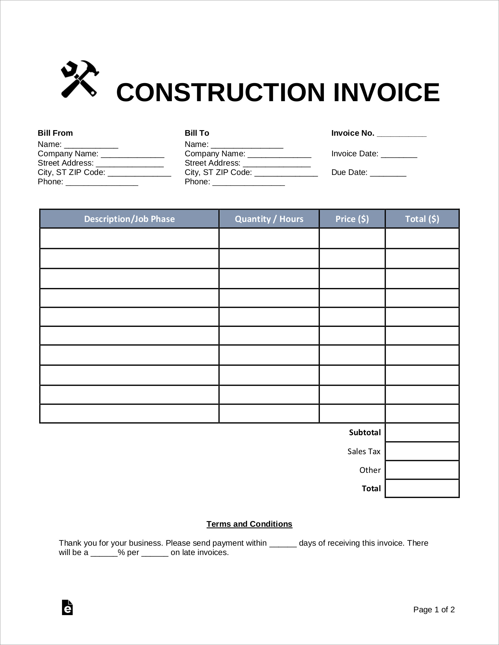 construction invoice template sample