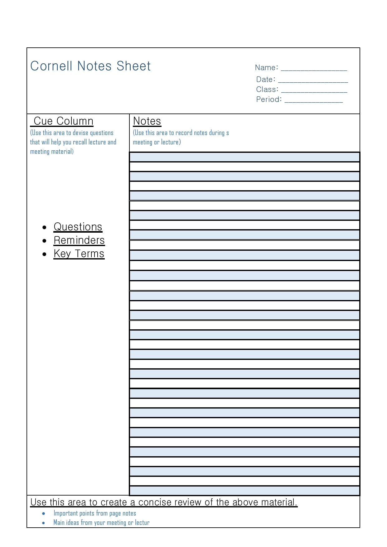 cornell notes template